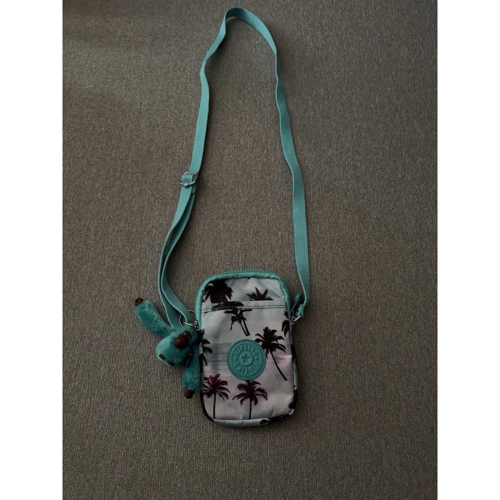 Kipling Small Women's Teal And  Palm Trees Design Crossbody Cell Phone Pouch Bag